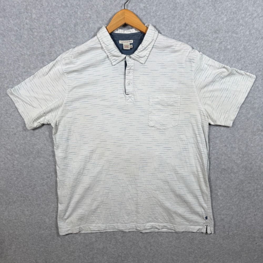Carbon2Cobalt Mens XL Polo Shirt White Blue Textured Stripe Cotton Short Sleeve
